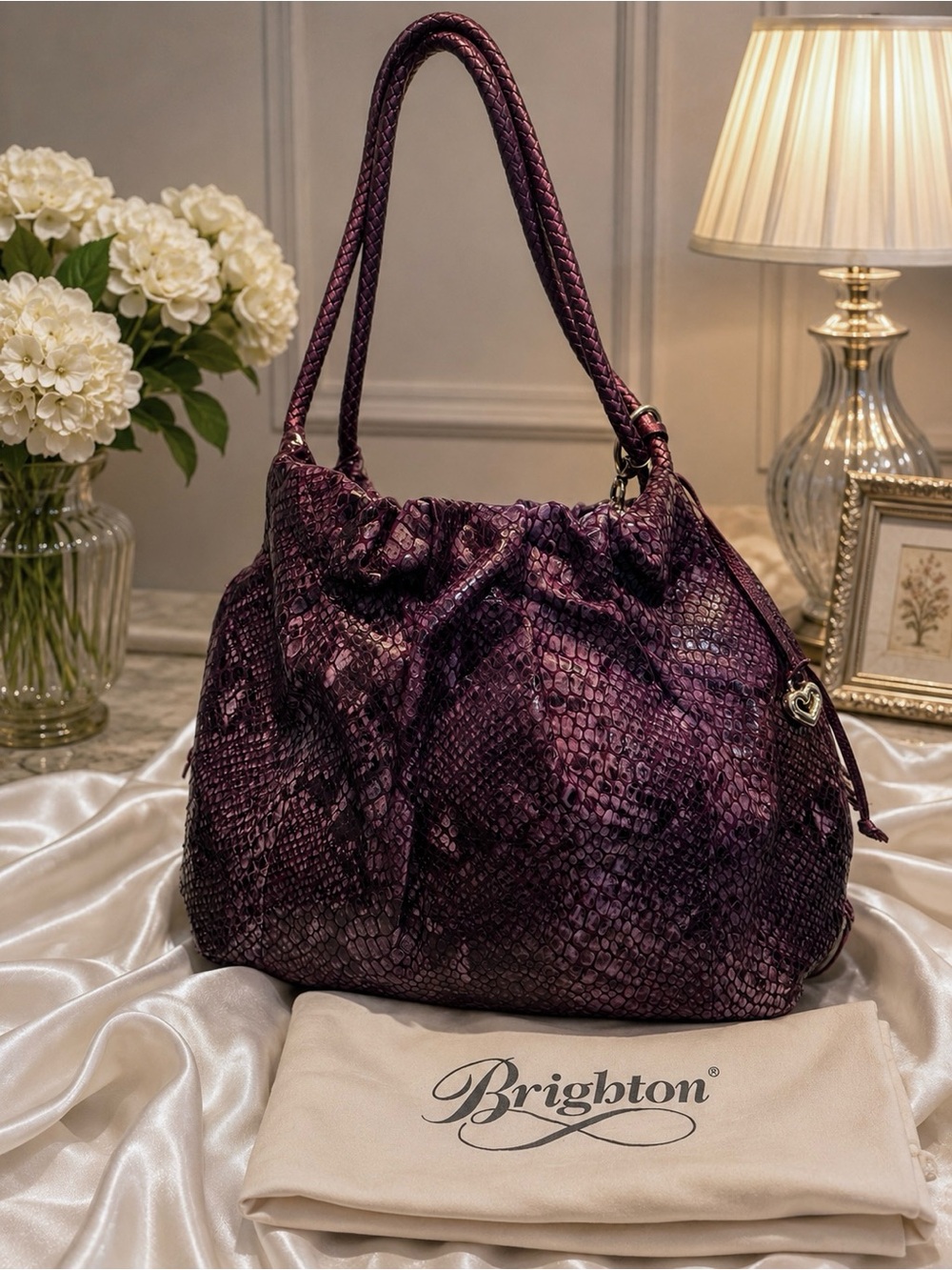 NWT Brighton Plum Metallic Snakeskin Embossed Hobo Bag + Dust Bag